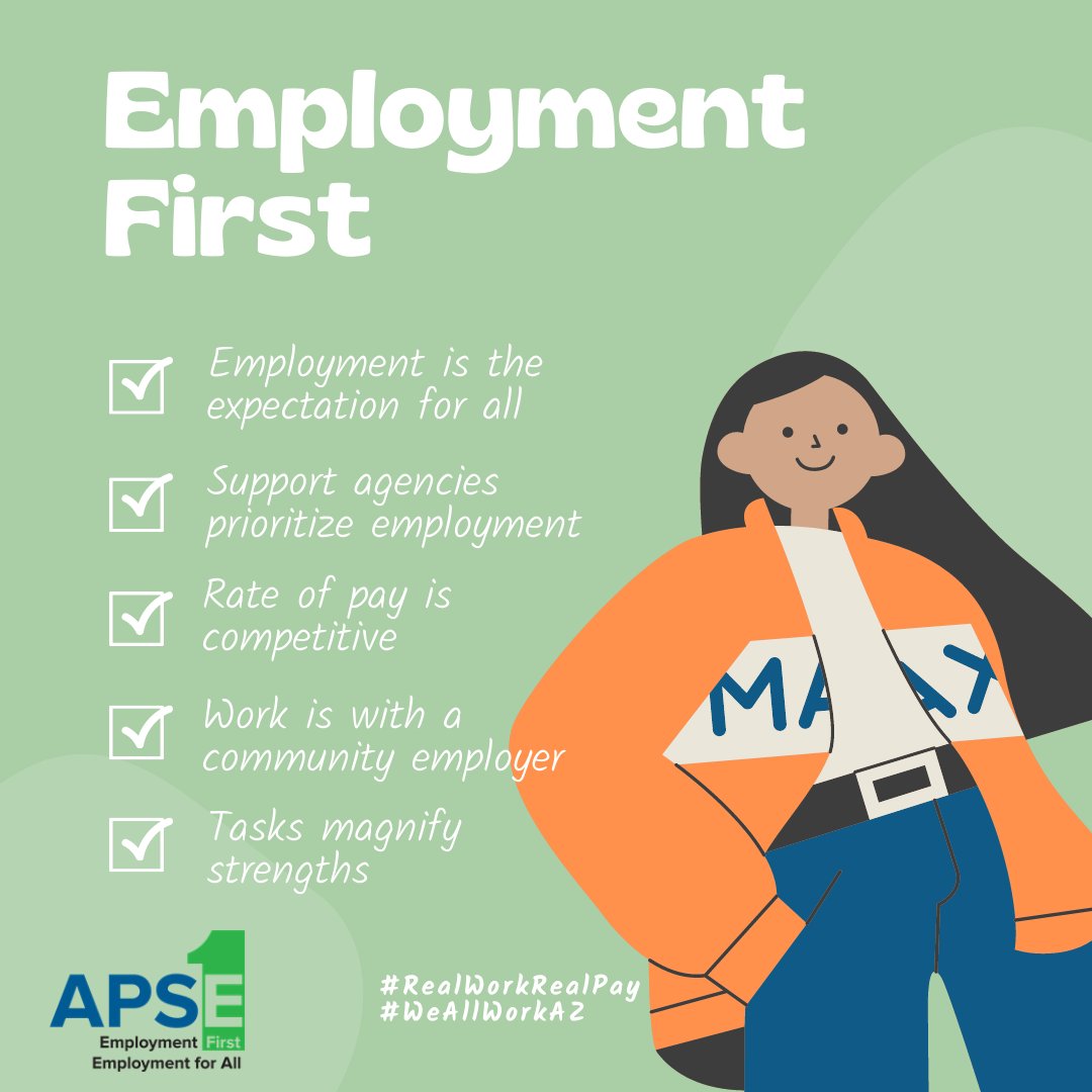 ApseAz's tweet photo. Employment First: Employment in the general workforce should be the first and preferred option for individuals with disabilities
#ArizonaAPSE is working to change legislation and policy to make this happen.
Resource: https://t.co/cPpBMkmCQI or https://t.co/jmm3UhqCFd https://t.co/oFtYBqJ7xM