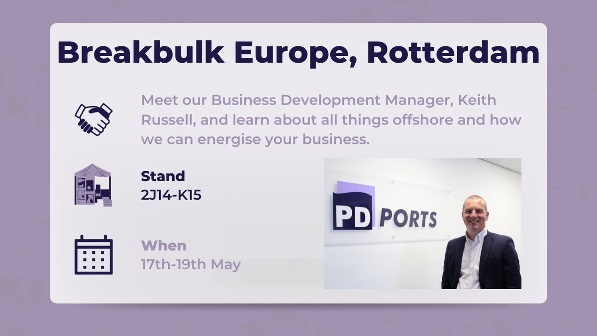 PDPorts's tweet photo. If you're at @Break_Bulk in Rotterdam next week, make sure to stop by our stand to meet our Business Development Manager, Keith Russell, who will be on hand to discuss PD Ports' Bulks and Offshore capabilities.

#bbeu2022 | #FutureDevelopments | #Rotterdam | #PortOfChoice https://t.co/12bLkxXfBg