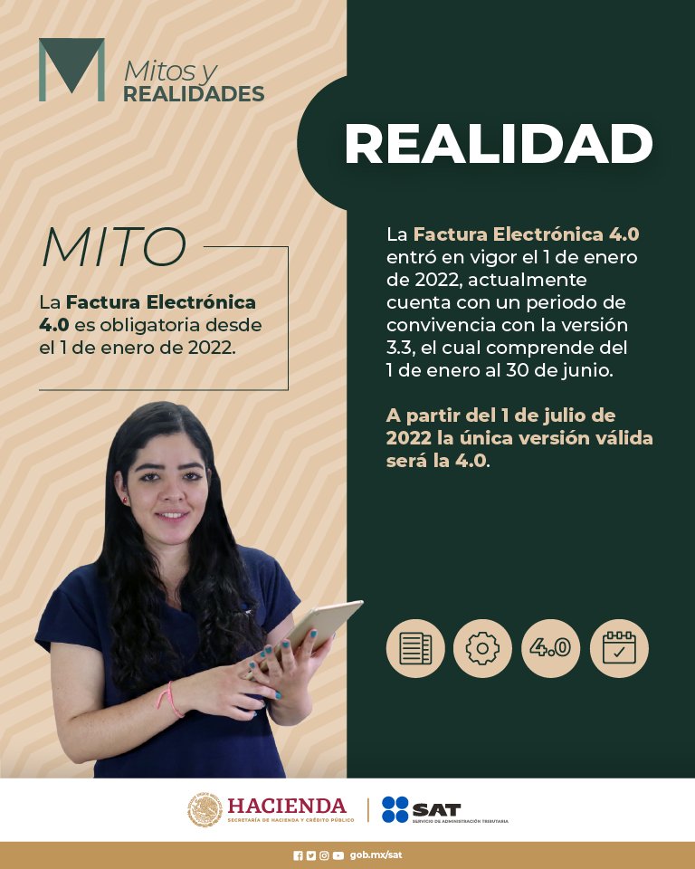 SATMX's tweet photo. #MitosYRealidades
Te explicamos sobre la Factura Electrónica 4.0. https://t.co/O7E7QM3eZL