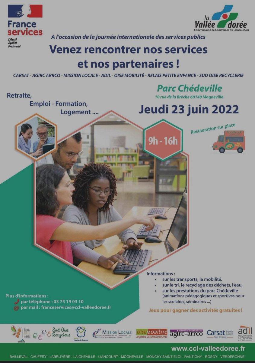 Pour les 1 an 🎉 de notre espace France Services, nous vous accueillerons avec nos partenaires, à l’occasion de la journée internationale des services du publics :
 📆 le jeudi 23 juin 🕘de 9h à 16h
 📍au parc Chédeville
#servicepublic #FranceServices