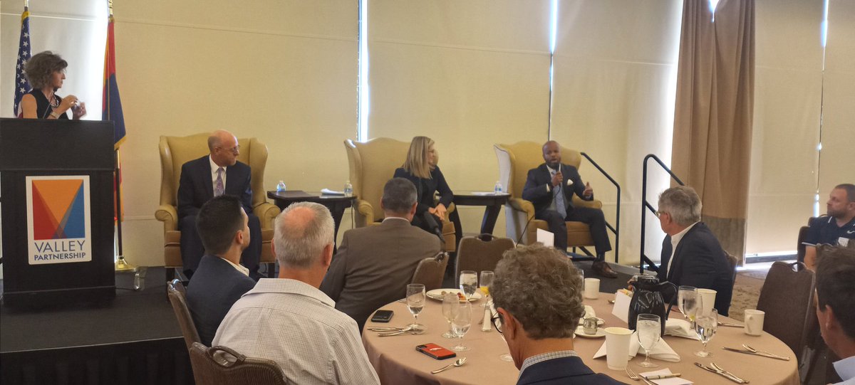 Tempe Mayor <a href="/coreywoodstempe/">Corey Woods</a>,  Phoenix Mayor <a href="/KateWGallego/">Kate Gallego</a>, and Buckeye Mayor Eric Orsborn discussing regional planning development issues at Valley Partnership.