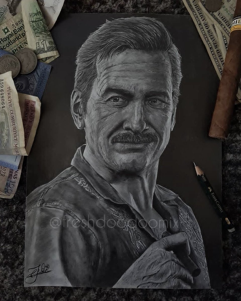 A black and white portrait of Sully from the Uncharted series holding a cigar