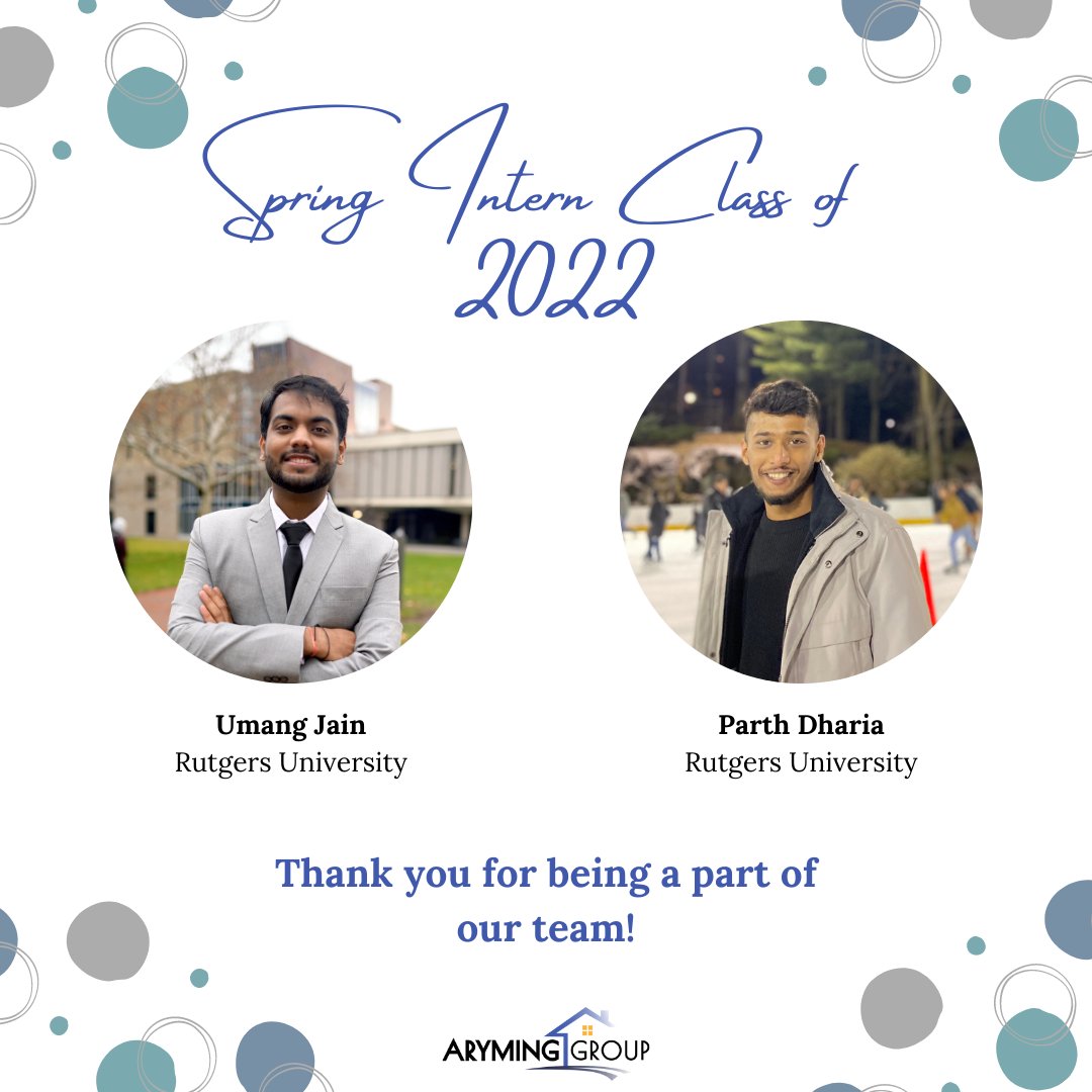 aryming_group's tweet image. Spring Intern Class of 2022 has concluded! Thank you to Umang and Parth for being a part of our intern class this past Spring. We wish you both the best of luck on your future endeavors! 

#internclass #interns2022 #team #internship #aryminggroup #thankyou #congratulations