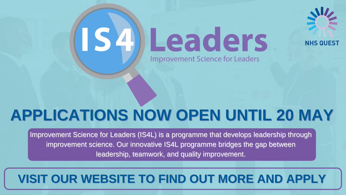NHSQuest's tweet photo. There is only 1 week left to apply to our next cohort of #IS4L - Working on a project, participants will apply influence and engagement skills, with the theoretical insight and practical application of QI methodologies to develop as a QI leader.
➡️https://t.co/FQlC7EBXTY https://t.co/dsacF2n5vT