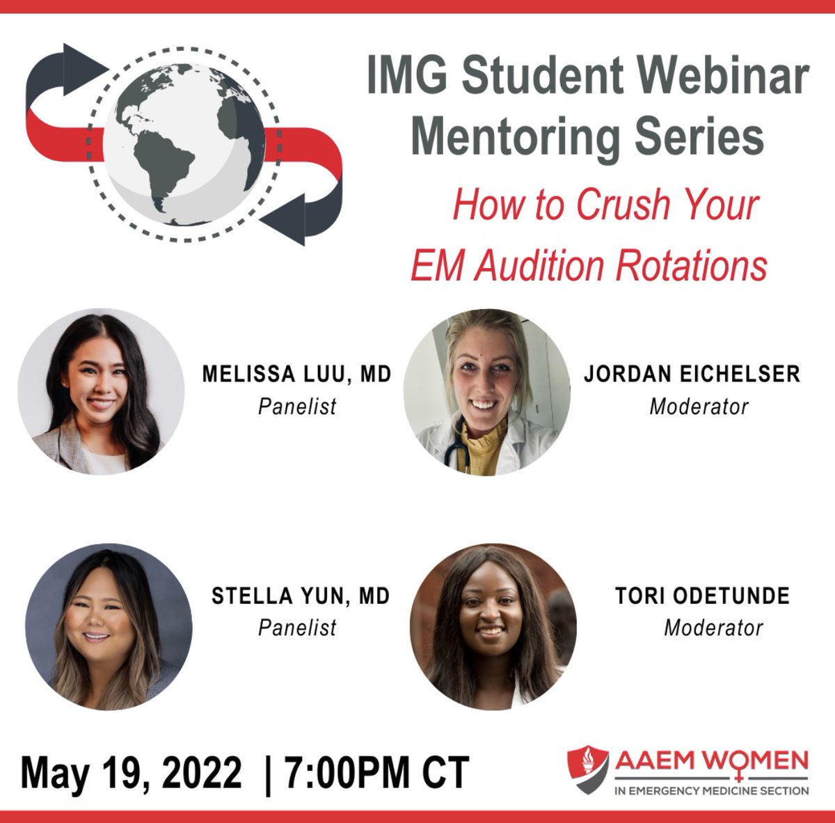 Join us on Thursday, May 19th for the next IMG Student Webinar: “How to Crush Your EM Audition Rotations” with panelists Dr. Luu and Dr. Yun. Hope to see you there! 🤗 <a href="/AAEMRSA/">AAEM/RSA</a> <a href="/aaeminfo/">AAEM</a> #AAEMRSA #IMG