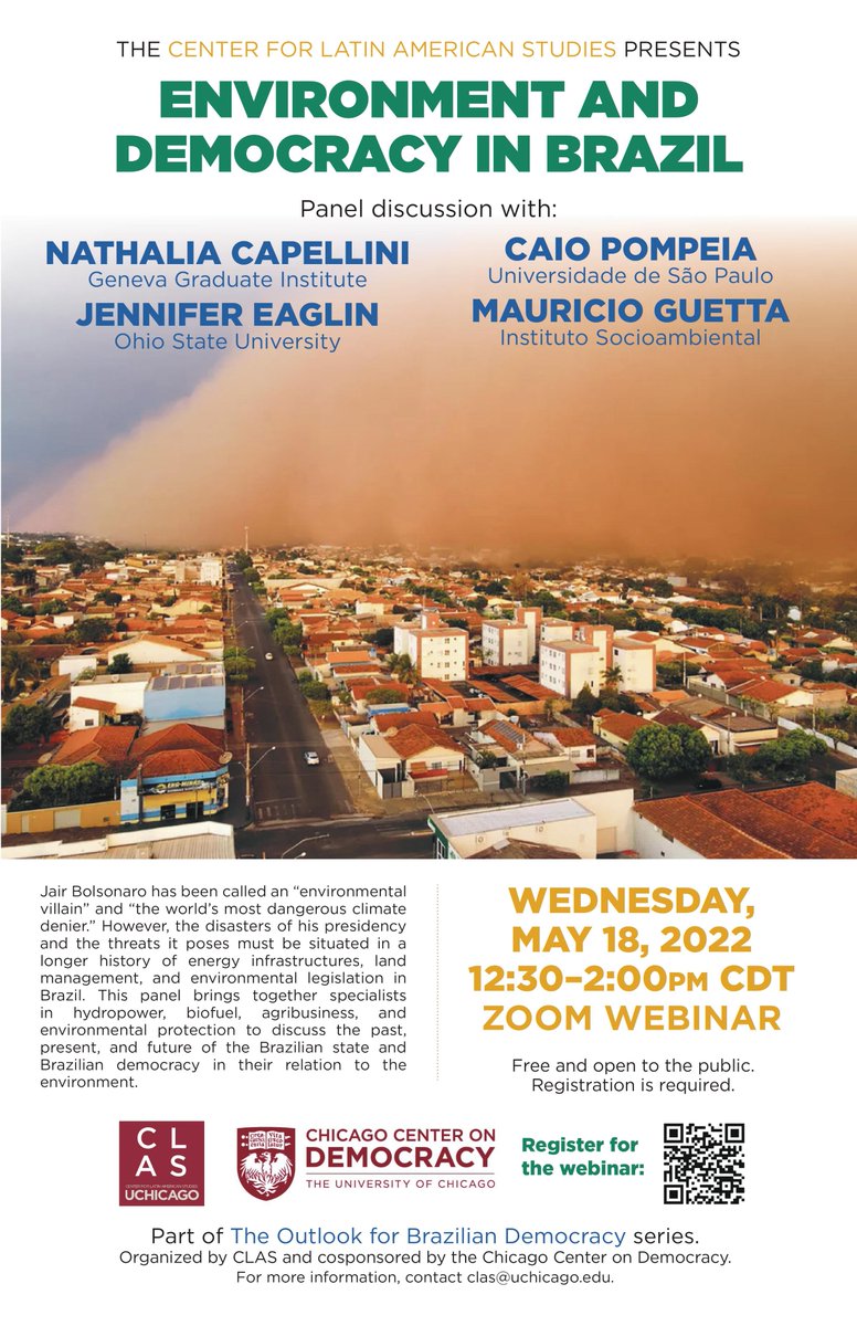 CLAS (@uchicagoclas) on Twitter photo Our 'Outlook on Brazilian Democracy' series continues next Wed. May 18th, 12.30 PM – 2.00 PM CDT with "Environment and Democracy in Brazil" featuring <a href="/nacapellini/">Nathalia Capellini</a>, Jennifer Eaglin, <a href="/caio_pompeia/">Caio Pompeia</a>, <a href="/mauricio_guetta/">Mauricio Guetta</a>
🌆Register here: bit.ly/3LdDwGp Our 'Outlook on Brazilian Democracy' series continues next Wed. May 18th, 12.30 PM – 2.00 PM CDT with "Environment and Democracy in Brazil" featuring <a href="/nacapellini/">Nathalia Capellini</a>, Jennifer Eaglin, <a href="/caio_pompeia/">Caio Pompeia</a>, <a href="/mauricio_guetta/">Mauricio Guetta</a>
🌆Register here: bit.ly/3LdDwGp