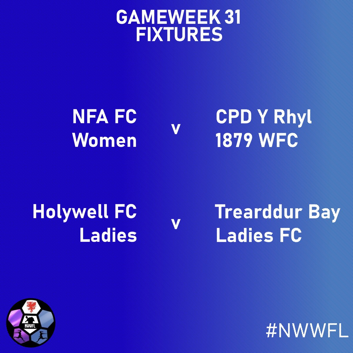 Here are your fixtures for this weekend...

Gameweek 31 features a severely important match, in which the NWWFL title could be decided.

<a href="/NFAFootball_/">N . F . A ⚽️</a> host <a href="/FootyRhyl/">CPD Y Rhyl 1879 Women</a>, who are seeking to secure the title in their final fixture. A win for NFA keeps their title hopes alive.

#NWWFL