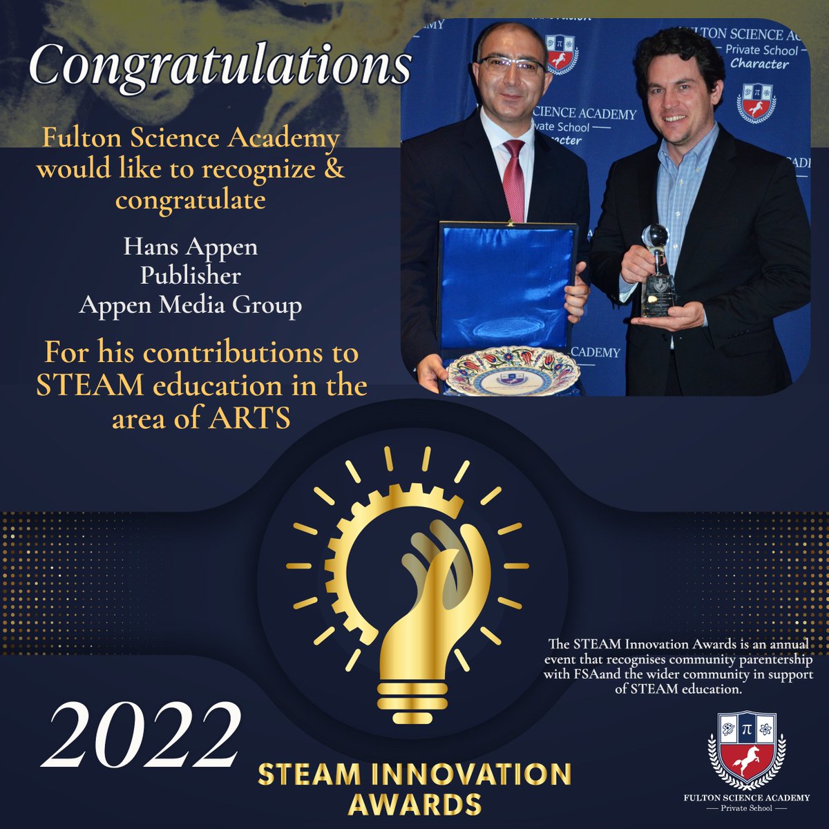 FSAPrivate's tweet photo. At the 2nd Annual Fulton Science Academy STEAM Innovation awards (2022) held on May 4th, Presenting the award recipient for ART. #ART #STEAMeducation #innovation #fultonscienceacademy #communityfirst @appenmediagroup @hansappen https://t.co/GplF5zud1I
