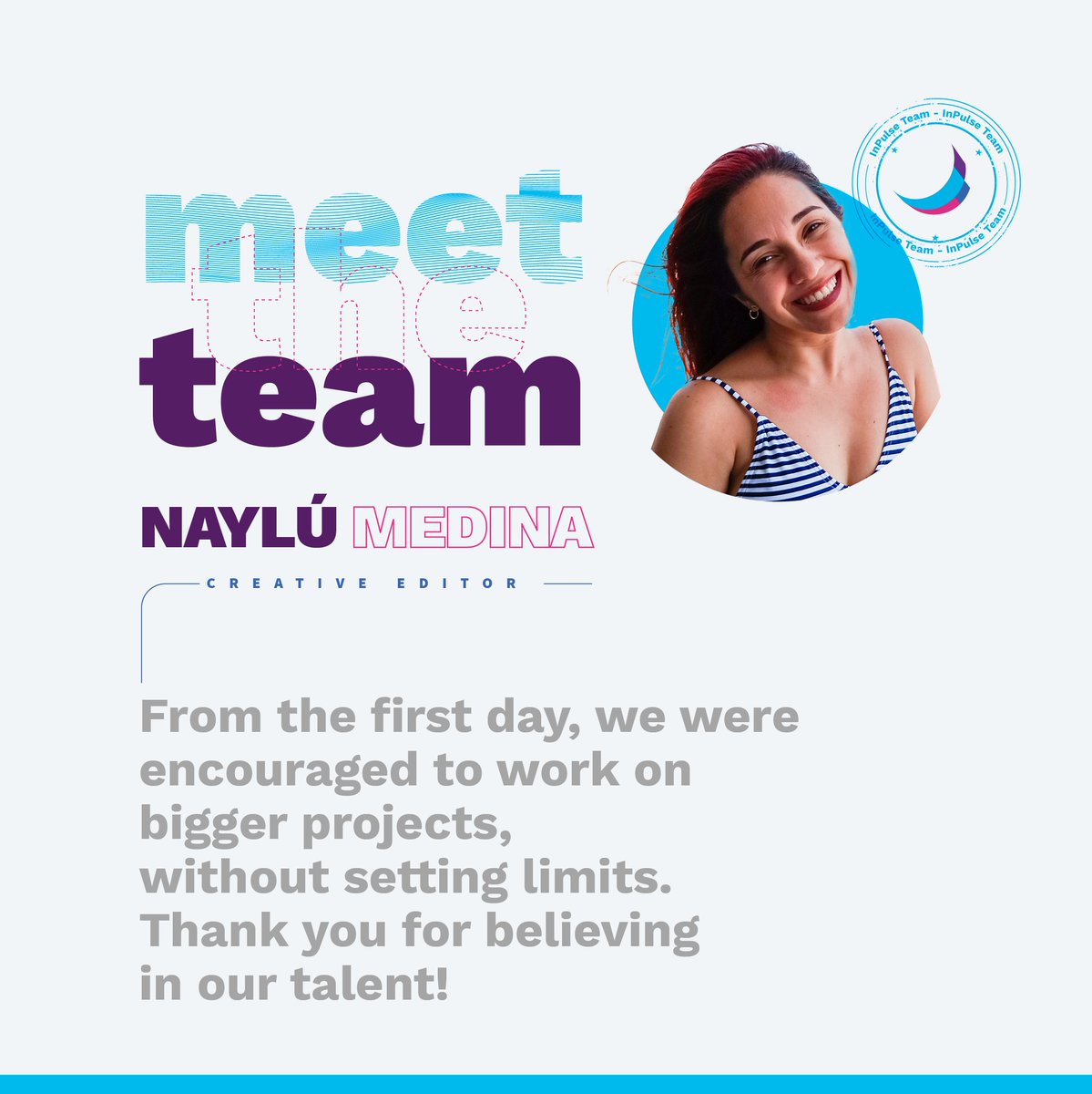 weareinpulse's tweet photo. #InPulseTeam: Meet Naylú Medina, Creative Editor at InPulse Digital.
#WorkMonth #SocialMediaTeam #InPulseTalent https://t.co/HSaJwE3Gzr
