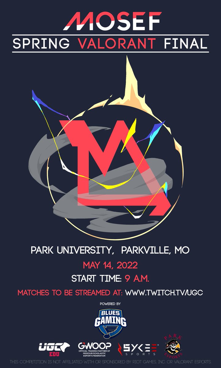 moseforg's tweet photo. We will be at Park University tomorrow for our Valorant Final! Come by and check out the action. Ticket info below. @UGCevents @bluesgaming @SYKEbrand @ParkEsports @GwoopAcademy @MOREbyMOREnet 

https://t.co/sLVRAkSZVA https://t.co/2cFJA8oYZY