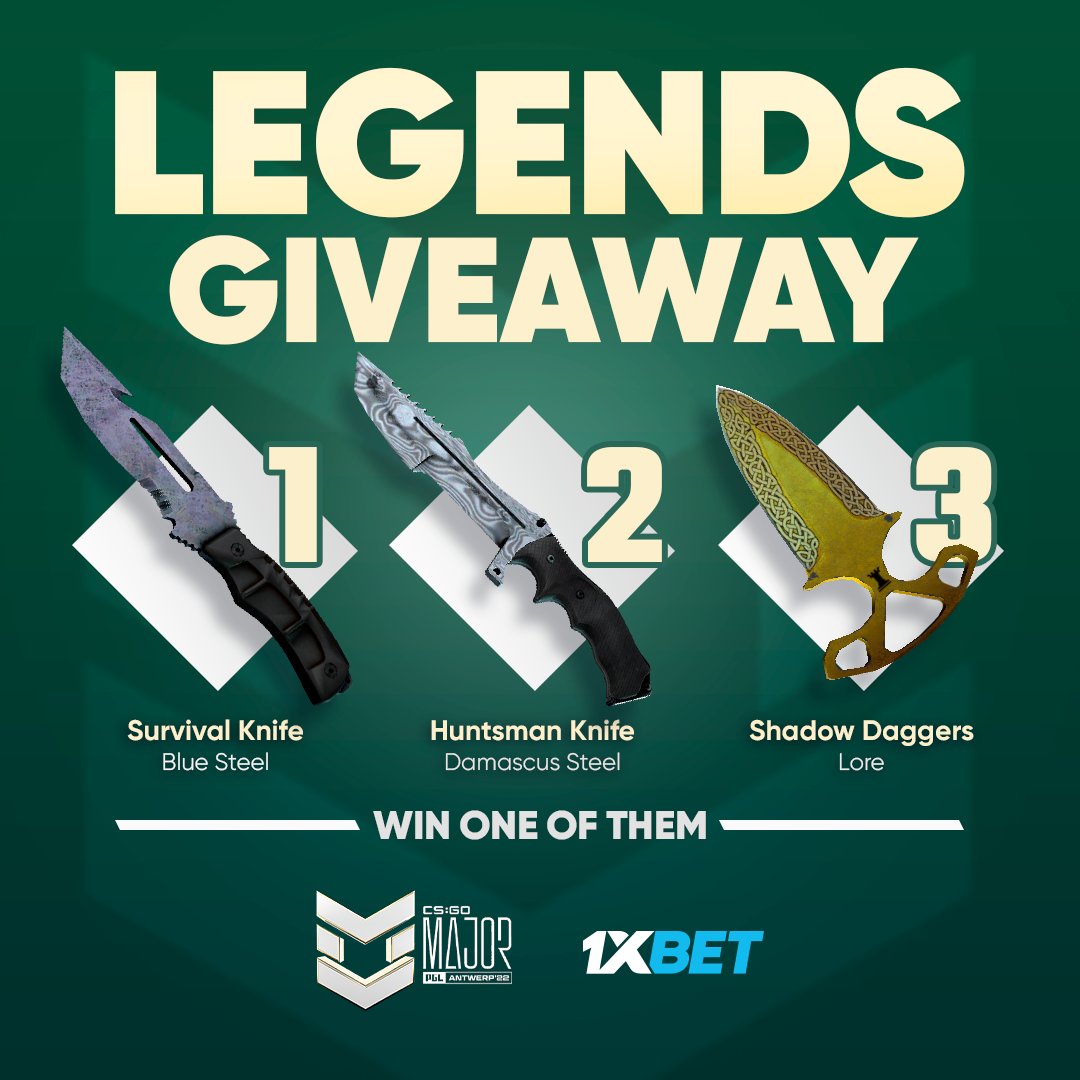 1xBet_Esports's tweet photo. 🔥 PGL LEGENDS GIVEAWAY 
Get one of these knives in 4⃣ simple steps:

1. Follow @1xBet_esports;
2. ❤️Like and ✅Retweet this post;
3. Bet at least €5 on one of PGL Major's matches;
4. Put your 1xBet ID in the comments with "Knife" caption.

Results will be announced on May 23rd! https://t.co/ALlMvtQhLd