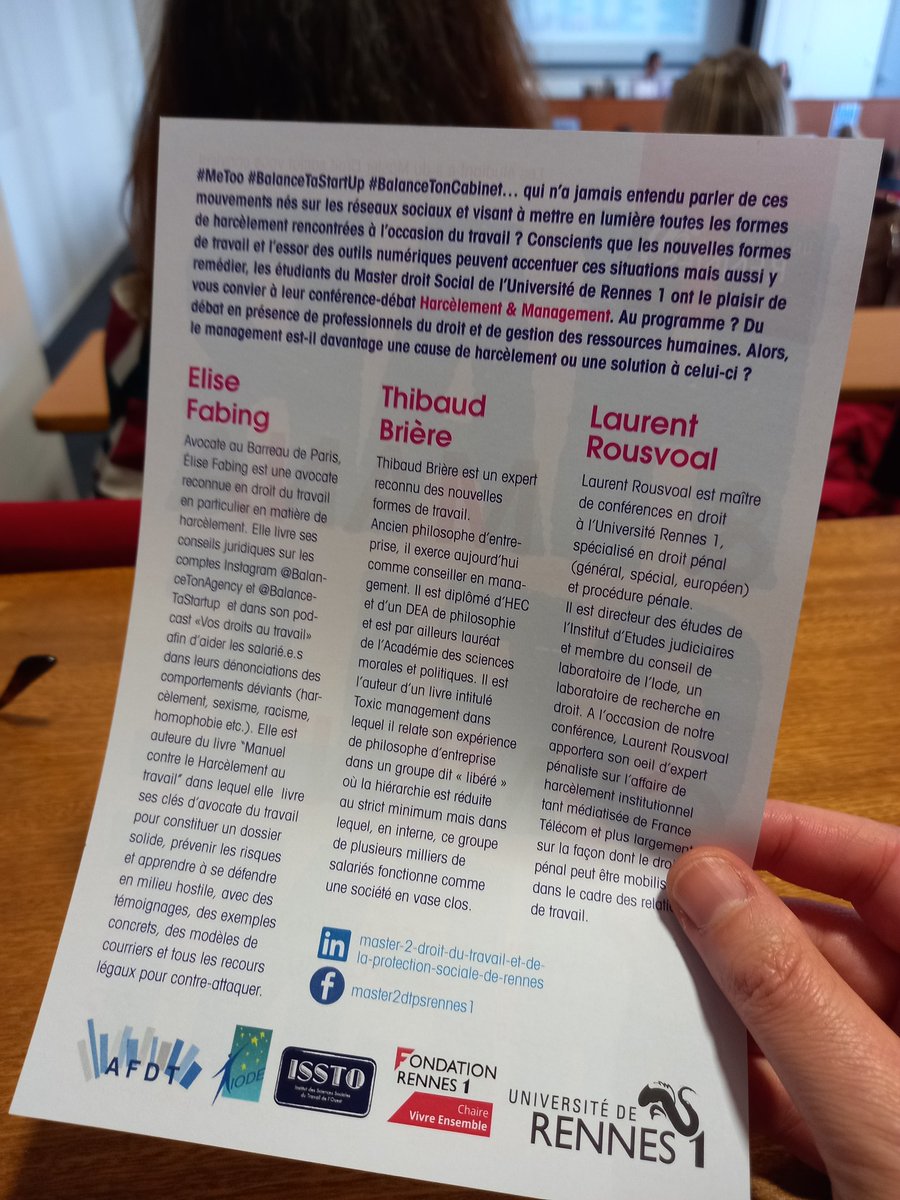 comlaetitia's tweet photo. #conférence symbolique sur les différentes formes juridiques du harcèlement dans le cadre du management d'entreprise. Organisée par chaire Vivre ENSEMBLE @FondationR1 et #étudiants Master Droit social. ECLAIRANT. https://t.co/fcDmhOrvvU