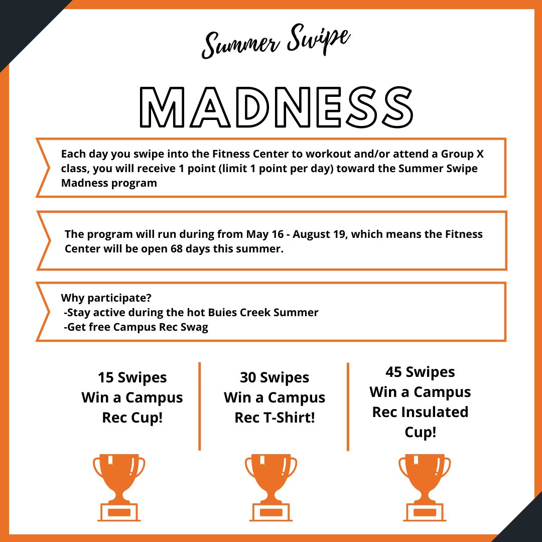 Let's stay active this summer! Sign up on IMLeagues to win some fun Campus Rec prizes, while staying active. C U during our new summer hours on Monday! #campbelluniversity #playwithpurpose