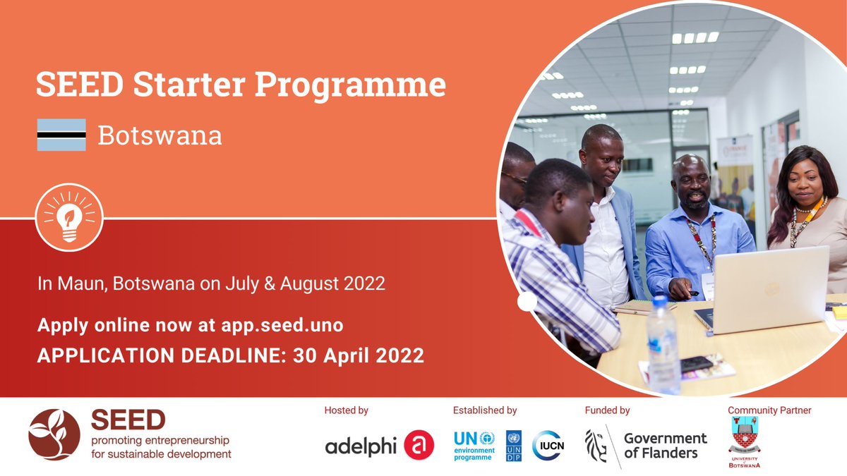 ANDE_ZA's tweet photo. #Botswana ๐ข | Two days left to apply for the SEED Starter Programme! Application deadline is Sunday, 15 May 2022.
Apply here ๐ https://t.co/r3rkSWoBBs
#startup #entrepreneurship #businessidea #entrepreneurshipprogramme https://t.co/lS021SeaFa