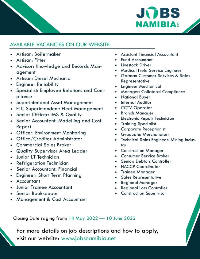 jobs_namibia's tweet photo. We just uploaded around 40+ opening vacancies on our website: https://t.co/EWroMuRStX

Closing Date Ranging from: 14 May 2022 - 10 June 2022

For More Details on Job Descriptions and How to Apply, visit: https://t.co/EWroMuRStX
 
Share.

#Vacancies #jobs #jobsinnamibia #vacancy https://t.co/QuBzCTlQEN