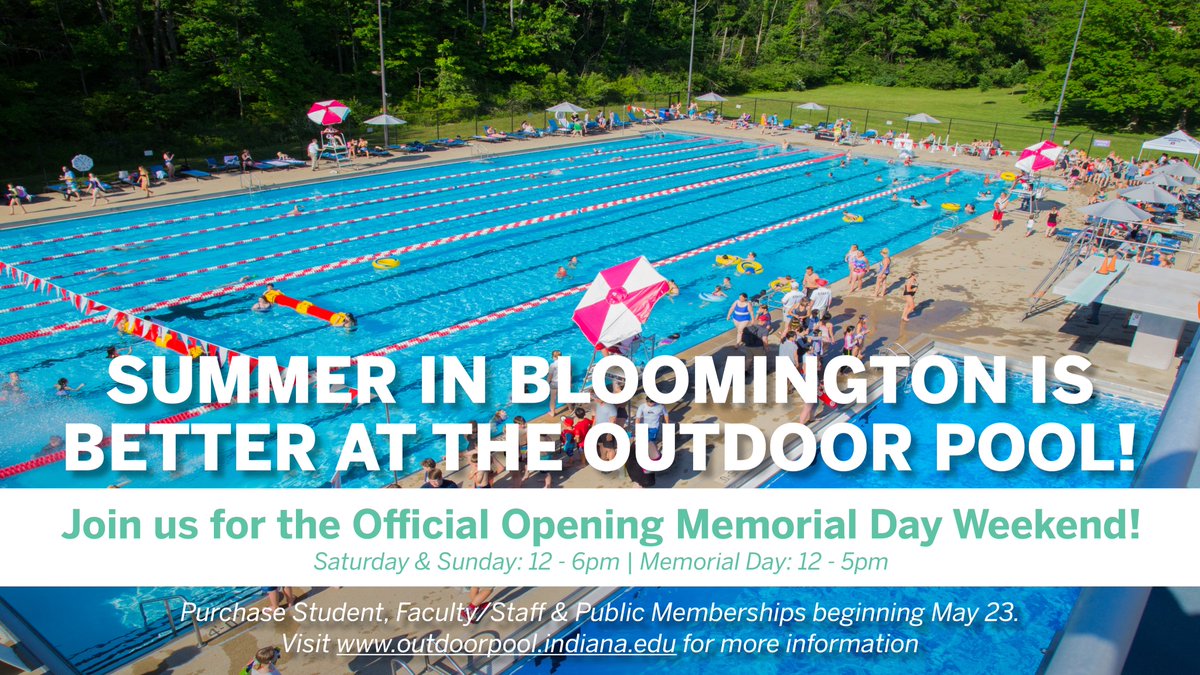 IUOutdoorPool's tweet photo. We are excited to announce the IU Outdoor Pool will open for the season on Memorial Day Weekend! 

Memberships will be available for purchase beginning May 23. Visit https://t.co/P8auMPh7yj for more information. We can't wait to welcome you back soon! ☀️ https://t.co/S5omXZsIIf