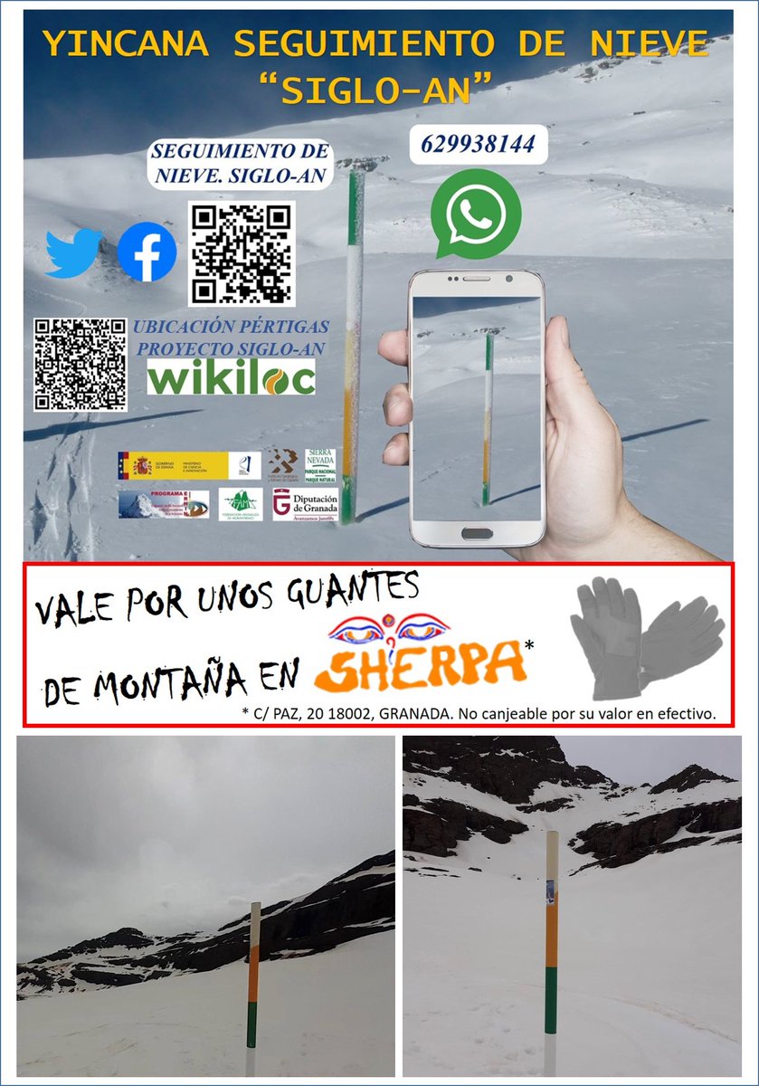 Nieve_pertigas's tweet photo. ¡SEGUNDA YINCANA EN LA NIEVE! 
En la cara sur de #SierraNevada, hacia la mitad del camino entre el Refugio de la #Carihuela y #Collado_del_Lobo, se encuentra en una de las #pértigas el segundo vale canjeable por unos guantes de esquí de travesía. ¿Quién será el ganad@r? https://t.co/g91KSMchPn