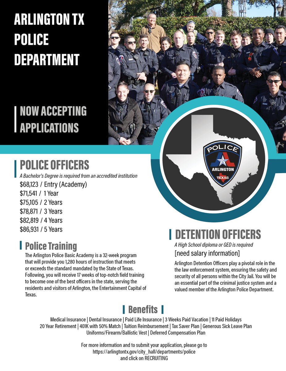 Want to make a difference in this world? BE the difference! 

APD is currently hiring new officers!

Work in one of the best cities in America w/ competitive pay, great benefits, and opportunities for advancement!

More info: arlingtontx.gov/city_hall/depa…

#ChooseToBeAPD #ArlingtonTX