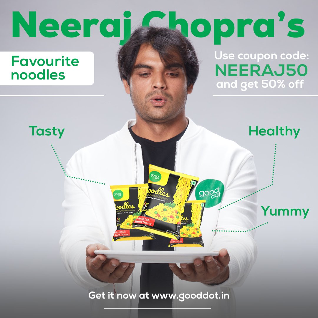 Neeraj_chopra1's tweet photo. .@gooddotofficial noodles are tasty, healthy and totally yum! Taste it and let me know if you enjoyed it, in the comments below.
Use my coupon Neeraj50 to avail a 50% discount on the tastiest noodles in town. Buy from https://t.co/sfSlkWtBuM #GoodDot https://t.co/alXphM4Zkq