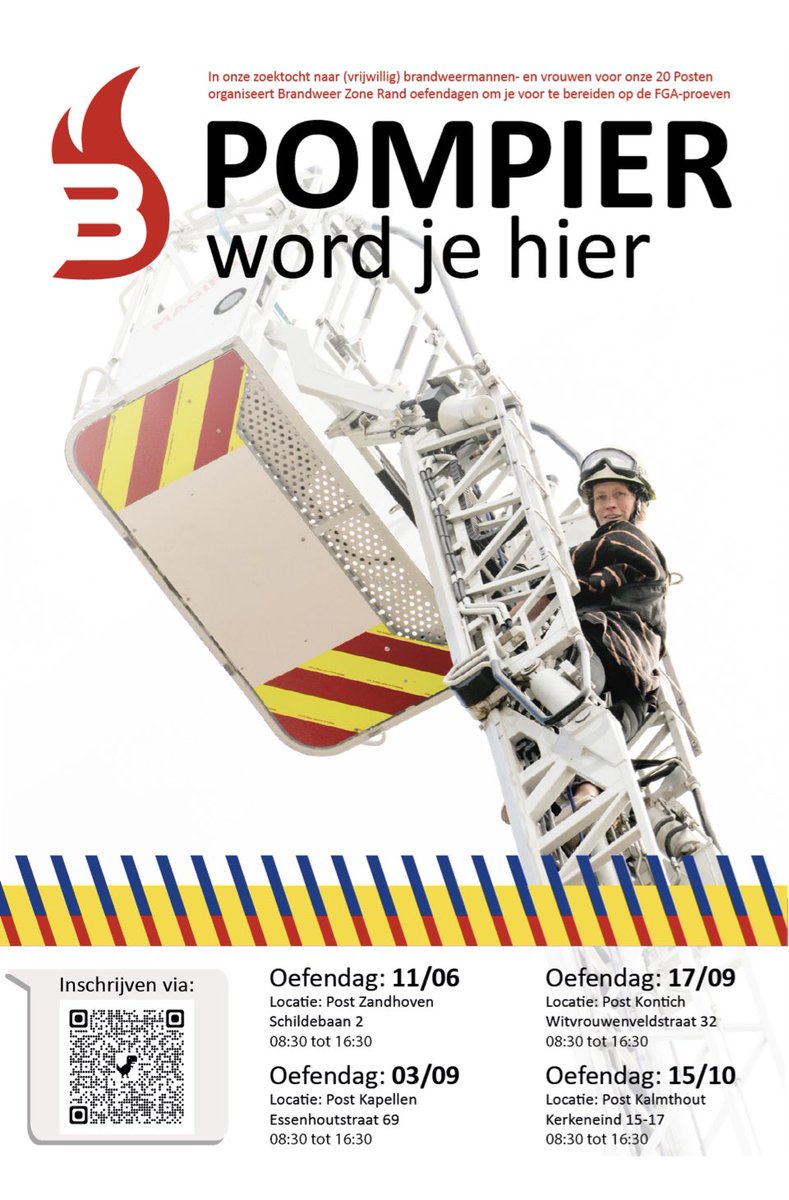 Interesse om vrijwillig brandweerman, -vrouw te worden? Kom al eens oefenen op 1 van de 4 'POMPIER word je hier'-dagen binnen onze zone.
Meer info over vrijwilliger worden vind je op ikwordbrandweer.be .
Schrijf je in via de QR-code want... POMPIER word je hier! <a href="/BWZoneRand/">Brandweer Zone Rand</a>