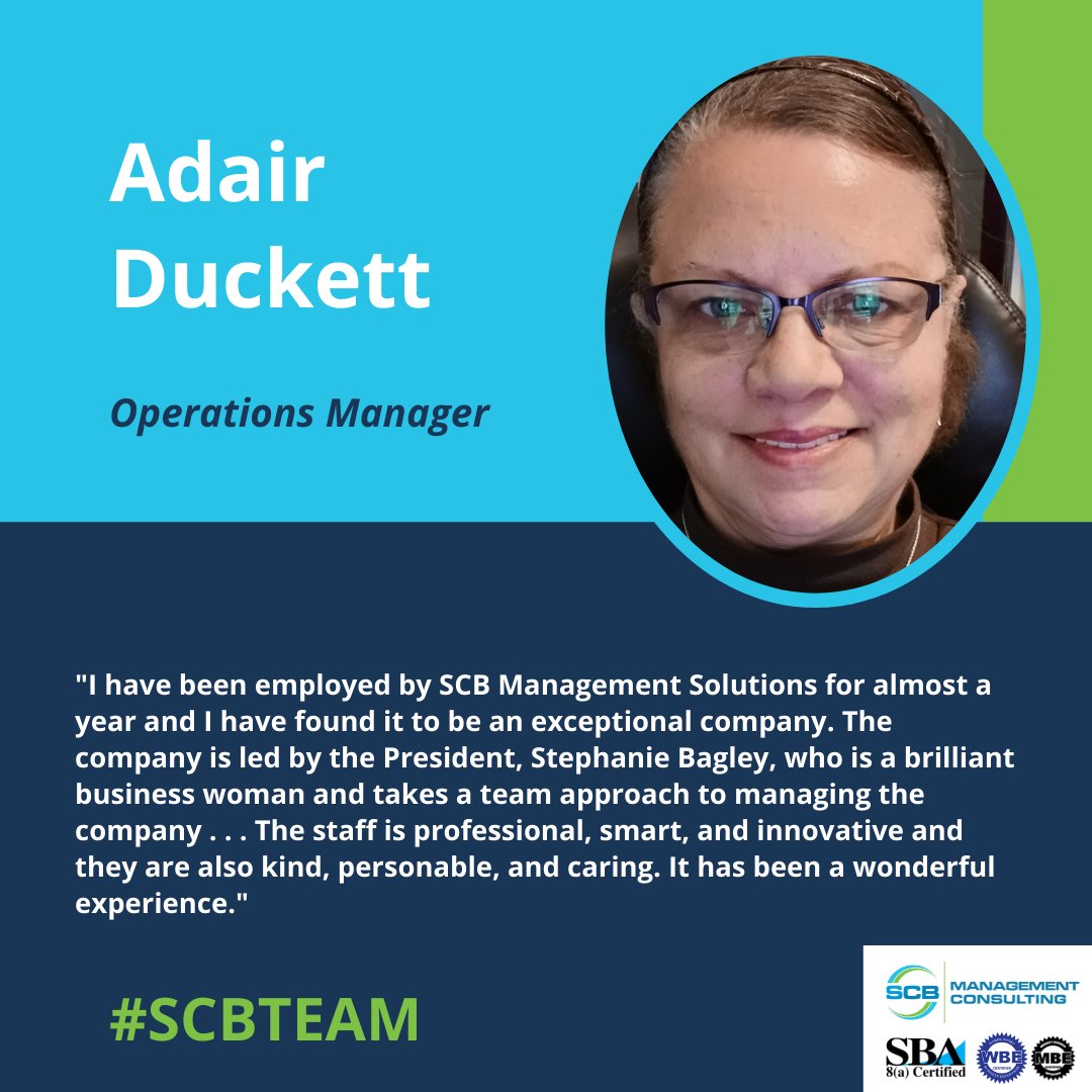 SCBConsult's tweet photo. Happy Friday! This month's #SCBTeam highlight features Adair. Get to know our team through our Team Member Highlights every month and follow us on social media!
-
#baltimore #blackownedbusiness #womenownedbusiness #teamwork #success #productivity #profitability #SCBTeam https://t.co/5KhdeZzgKK