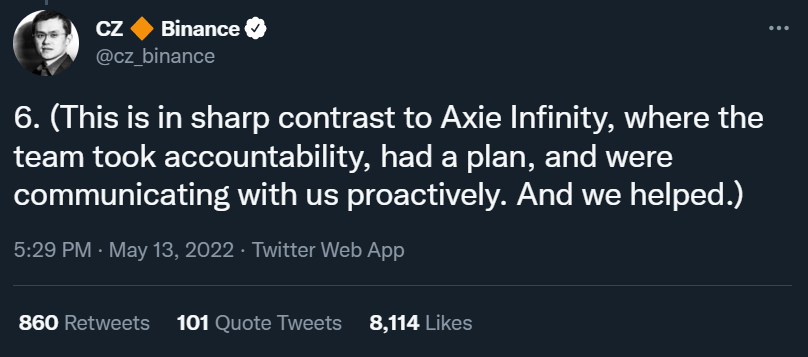 jungz_daily's tweet photo. According to @cz_binance, Axie Infinity Developers is far better while handle crisis than Terra Team https://t.co/XXhw39a8Hh