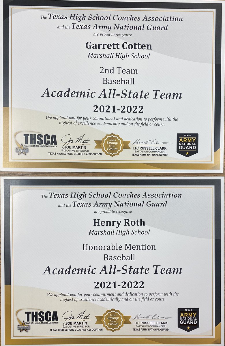 Congrats to @buckbuchanan30 <a href="/burris_beau/">Beau Burris</a> @garrett_cotten <a href="/HRoth04/">Henry_Roth04</a> on earning <a href="/THSCAcoaches/">THSCA</a> Academic All State!! <a href="/MarshallISD/">Marshall ISD</a>