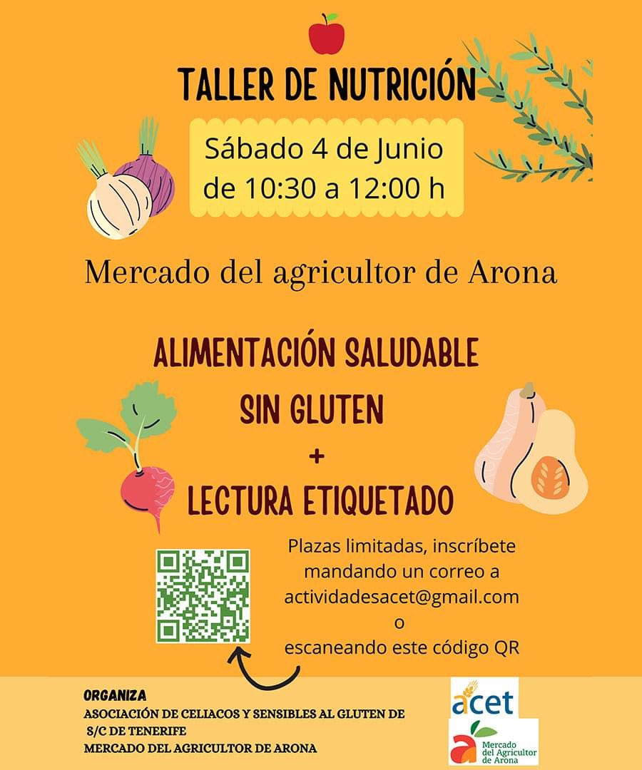 TALLER DE NUTRICIÓN
4 de junio a las 10:30 en el Mercado del Agricultor de Arona impartiendo un taller sobre alimentación saludable sin gluten.
GRATUITO. Es necesario inscribirse en el siguiente enlace: 
forms.gle/ZwPL72BDC93Abx…
Plazas limitadas.