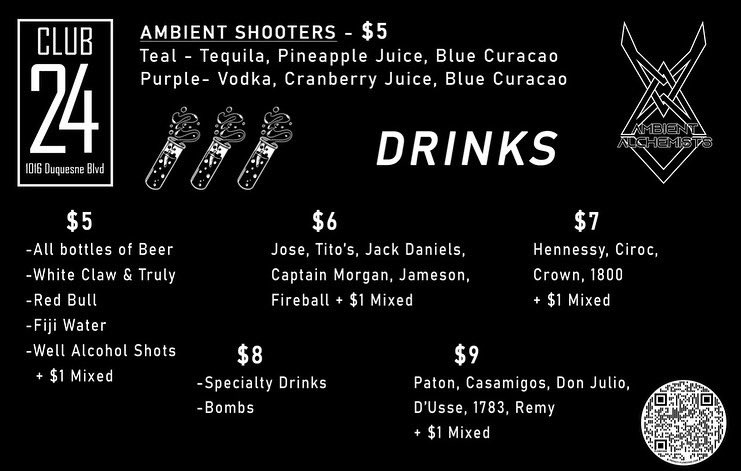 AmbientPgh's tweet image. The Widdler x Pushloop tonight Friday 13th! Presenting the food &amp;amp; alcoholic beverage menu for this evening. 

Come hungry &amp;amp; please try one of our special Ambient Shooters 🥂

#BackToBasics #Vol2 #TheWiddler #Pushloop #DanleySoundLabs #AmbientArmy #AmbientAlchemists