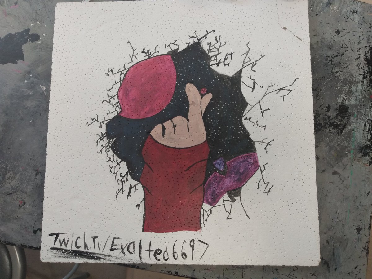 exalted6697's tweet photo. ITS FINALLY DONE!! May13-2022 
I'm so happy with how it looks! 
I put my twitch on it because it's a ceiling tile in my school! #art #acrylic #acrylicpainting https://t.co/Pa7KYa8nvX