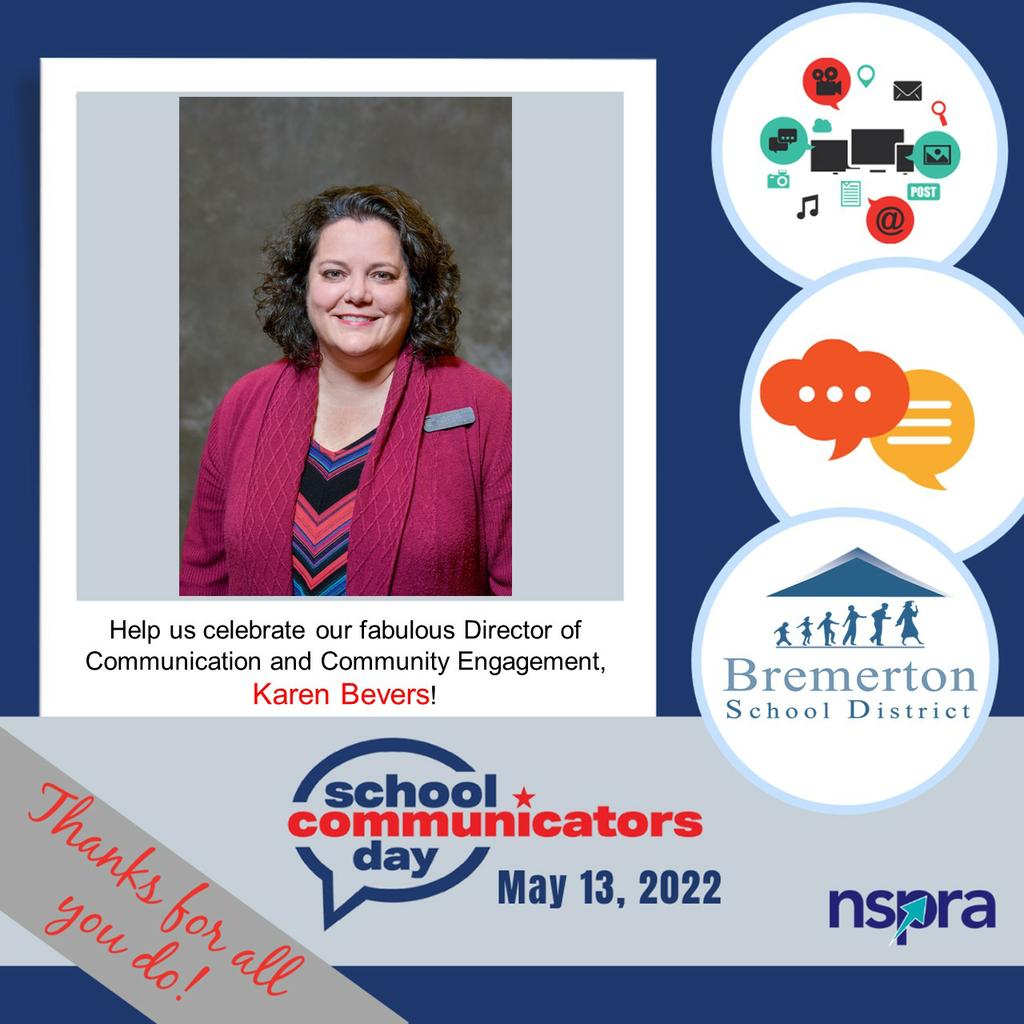 Happy #SchoolCommunicatorsDay to Karen Bevers, Director of Communication and Community Engagement for Bremerton School District! Karen works tirelessly every day to tell the story of our students and schools. Thank you for all you do! <a href="/NSPRA/">NSPRA</a>