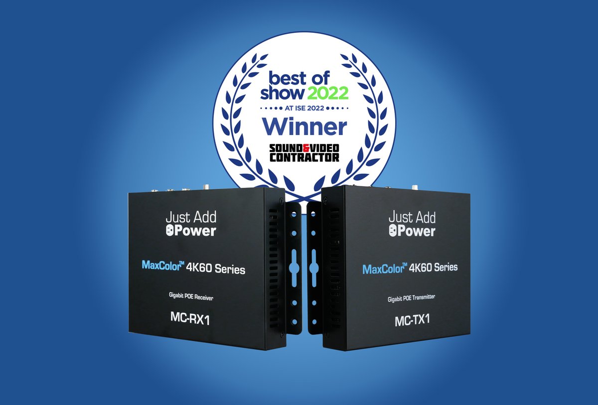 JustAddPowerHD's tweet photo. We are excited to announce that our MaxColor 4K60 Series won the Best of Show 2022 at ISE award in the Sound &amp; Video Contractor category.

Thank you to everyone for coming out and supporting the AV industry and Just Add Power. You guys rock! 🤘

#JustAddPower #MaxColor #ISE https://t.co/tpcHew2gLy