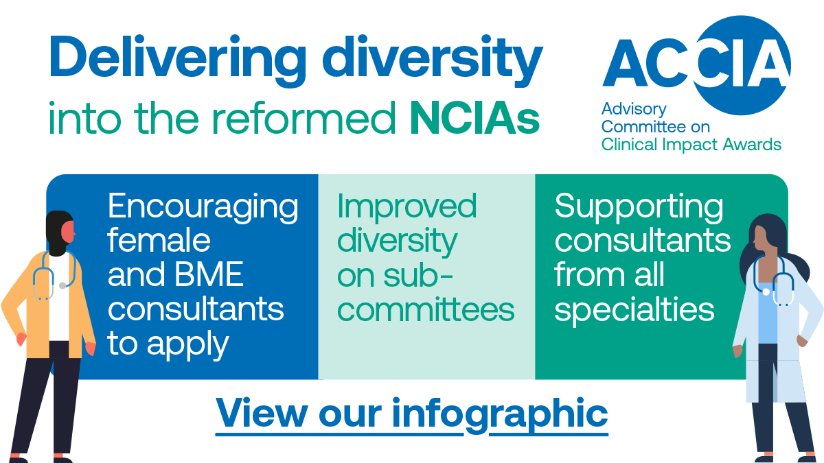 Please encourage female consultants to apply for a national Clinical Impact Award. Improvements mean a fairer and more inclusive application process, designed to reflect the diversity of the consultant population in the NHS #ACCIA Find out more 👇 bit.ly/3Ps4UE2