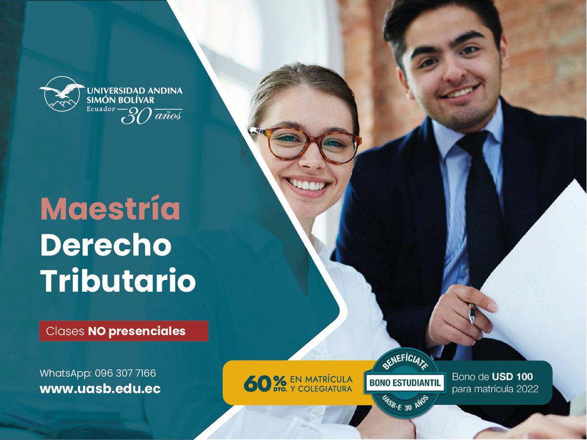 Derecho_UASB's tweet photo. 📌 Oferta Académica 2022

▶️Maestría en Derecho Tributario
▶️Modalidad NO PRESENCIAL
✔️ 60% Dcto. 
✔️ bono estudiantil
✔️ Inscripciones: hasta 24 junio de 2022

Mas información y enlace de aplicación en: https://t.co/ffJH6HpD98

#30AñosUASBEcuador #PosgradosUASB2022 https://t.co/OlsGagZMM7
