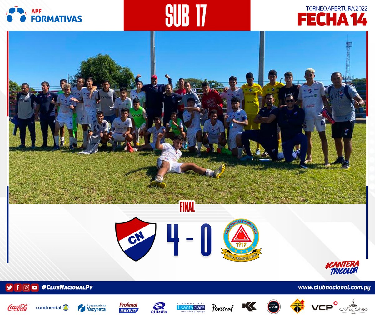 CanteradelTrico's tweet photo. #CanteraTricolor 🔴⚪🔵
#catSub17 ⚽️🙋🏻♂️
🏆 Torneo #Apertura2022
¡Final del partido!
#NACIONAL 4 🆚️ 0 Resistencia
📌Goles: 18' PT Thiago Caballero, 32' PT, 27' ST y 34' ST Ricardo Bernal.
#VamosLaAcademia https://t.co/6DworXwKWl