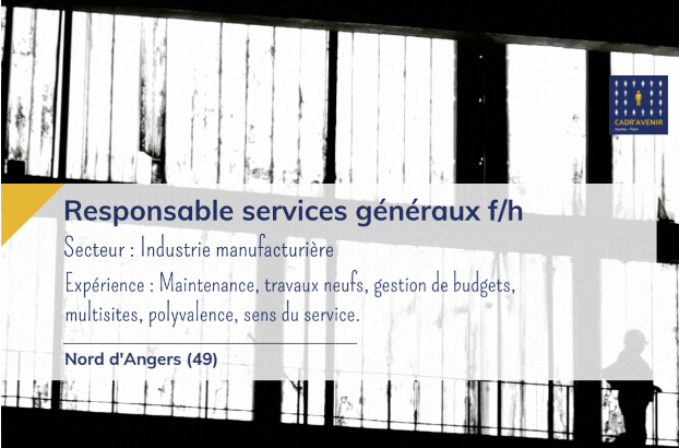 CadrAvenir's tweet photo. Nous recrutons, pour notre client basé au Nord d'Angers, un(e) Responsable des Services Généraux.

https://t.co/VimVbA79DK

#offresdemploi #servicesgénéraux #Angers #travauxneufs https://t.co/kp0Fw8lDpT