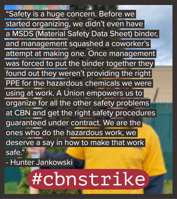 ufcw555's tweet photo. “Safety is a huge concern. Before we started organizing, we didn’t even have a MSDS (Material Safety Data Sheet) binder, and management squashed a coworker's attempt at making one. 
#CBNstrike 
1/3 https://t.co/eHjHveccxJ
