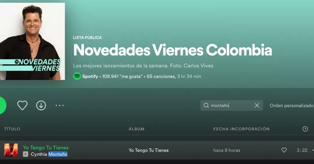 CynthiaMontanoC's tweet image. "YO TENGO, TÚ TIENES"
Ya está sonando en las principales listas de Spotify, gracias
 @spotifycolombia
@spotify
@dittomusicespanol
@comunicarce @aeentershow 
.
#worldmusic #folclorurbano #musicadelpacificocolombiano #musicanueva #musicaparalavida