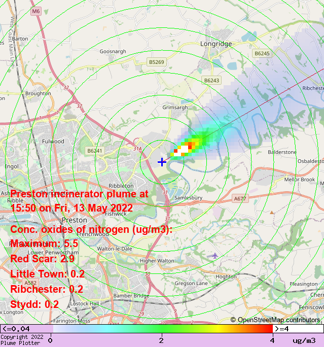 plumeplotter's tweet photo. Latest Preston incinerator plume plot, 15:50 13/05/22 #RedScar #LittleTown #Ribchester https://t.co/vYUTMnLQDm https://t.co/w1u6obfQTe
