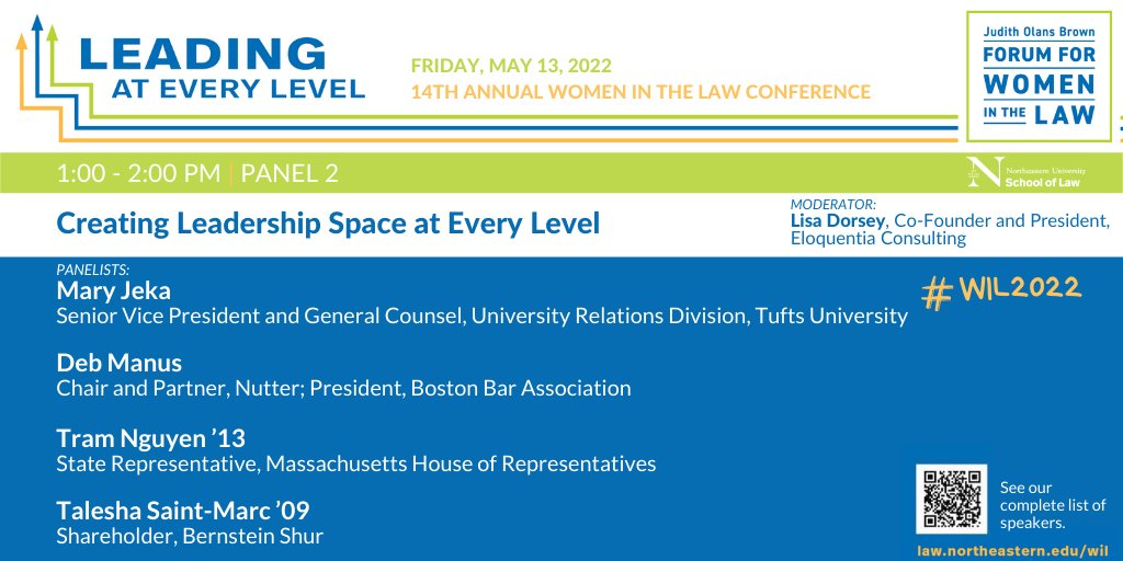 NUSL's tweet photo. Creating Leadership Space at Every Level: Lisa Dorsey of Eloquentia Consulting will moderate a 1PM #WIL2022 panel of industry leaders including @MaryJeka, Deb Manus, Tram Nguyen ’13 and Talesha Saint-Marc ’09.
https://t.co/Fn052MS7Qf https://t.co/F1Uj8rIV8U