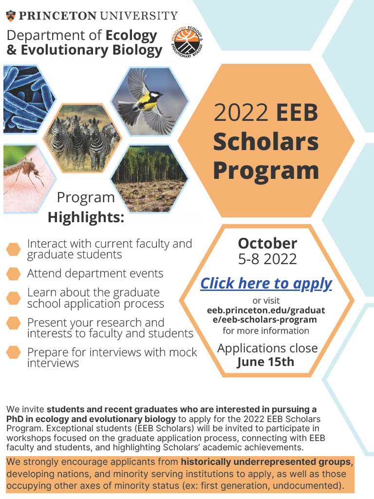 Applications are now open for Princeton's EEB Scholars program! The program aims to demystify the grad school application process; applicants from underrepresented groups are particularly encouraged to apply. Visit our website for more info: eeb.princeton.edu/graduate/eeb-s…