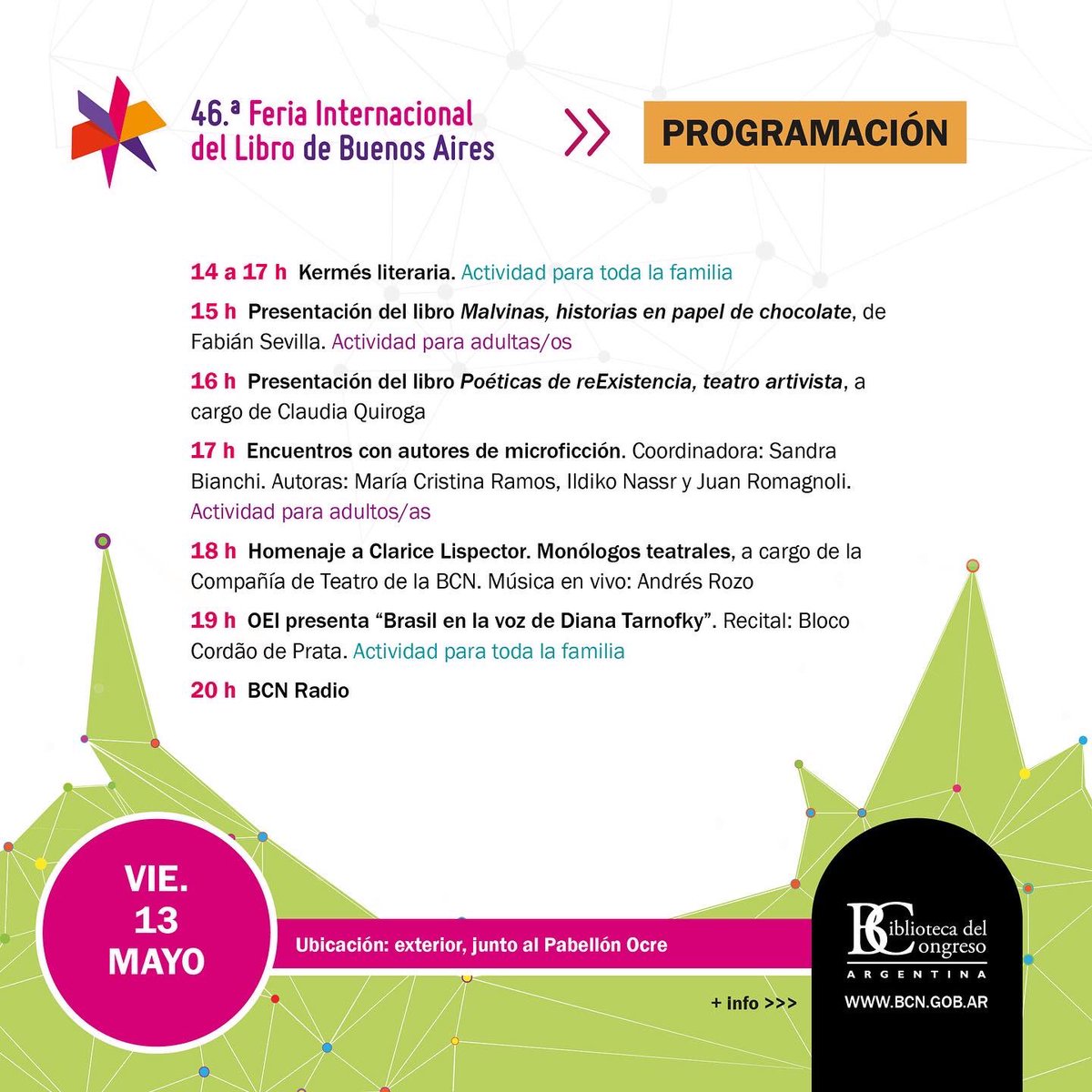 BCNArgentina's tweet photo. 📕 🎊 La BCN en la 46º Feria Internacional del Libro de Buenos Aires
Mirá las actividades del último fin de semana de la @ferialibroba en el #StandBCN
📌 Sector exterior, Pabellón Ocre, Predio Ferial La Rural https://t.co/nLN1WkAE3V