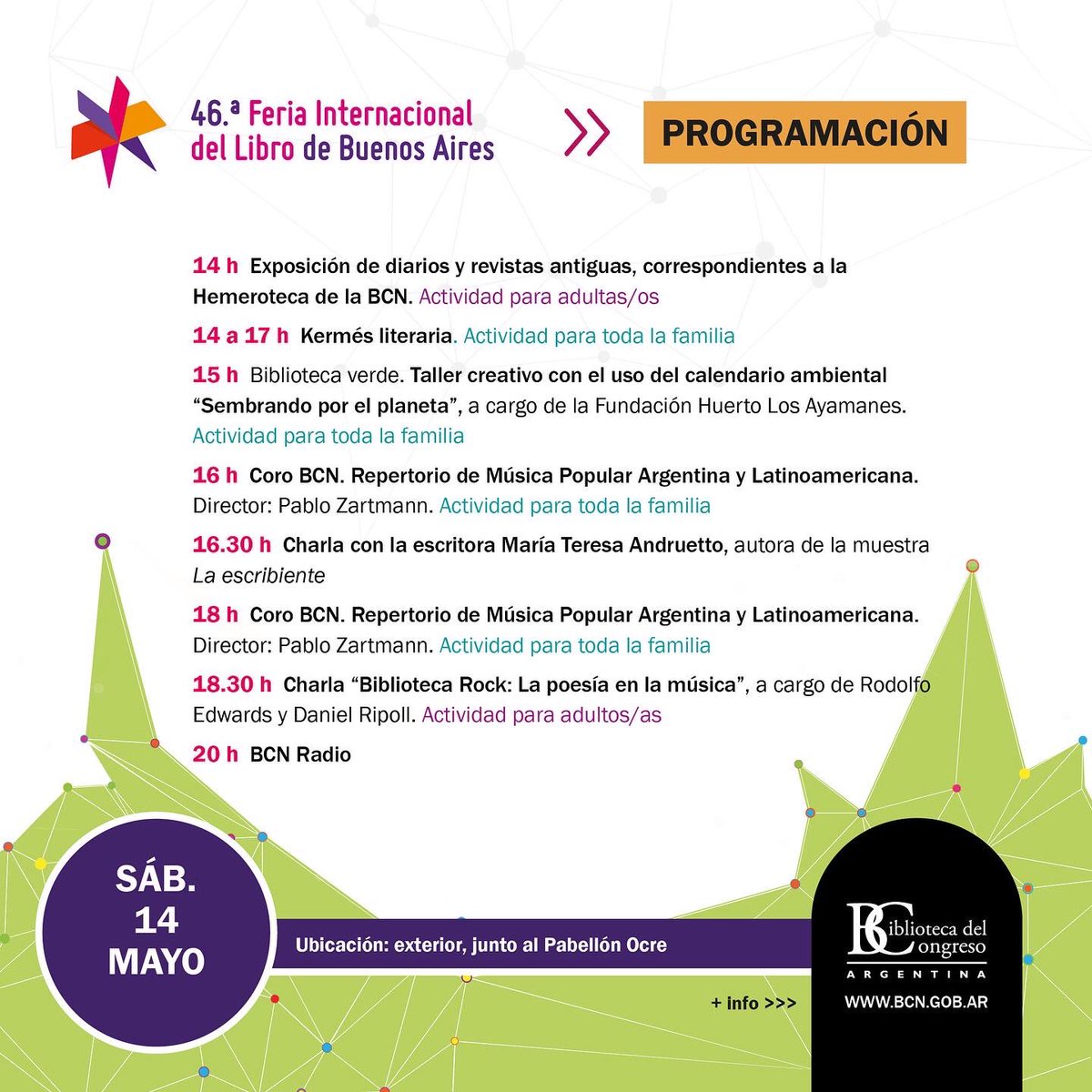 BCNArgentina's tweet photo. 📕 🎊 La BCN en la 46º Feria Internacional del Libro de Buenos Aires
Mirá las actividades del último fin de semana de la @ferialibroba en el #StandBCN
📌 Sector exterior, Pabellón Ocre, Predio Ferial La Rural https://t.co/nLN1WkAE3V