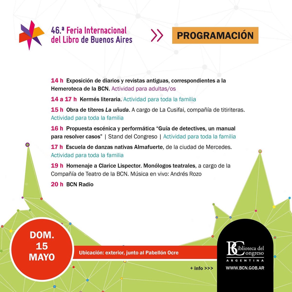 BCNArgentina's tweet photo. 📕 🎊 La BCN en la 46º Feria Internacional del Libro de Buenos Aires
Mirá las actividades del último fin de semana de la @ferialibroba en el #StandBCN
📌 Sector exterior, Pabellón Ocre, Predio Ferial La Rural https://t.co/nLN1WkAE3V