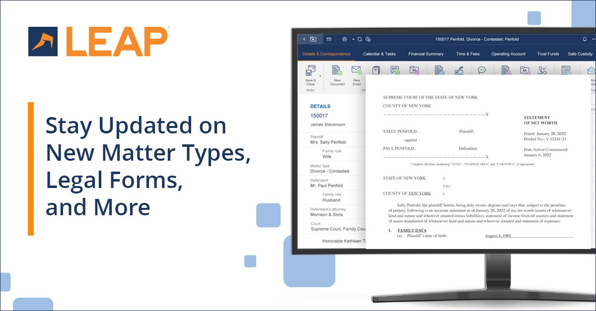LEAP4Lawyers's tweet photo. #LEAPUserInfo Our team of #legal industry experts are committed to providing #lawfirms with the latest content changes for all common areas of law. Stay updated on the latest matter types, automated forms, and more by subscribing to the LEAP Content Blog: https://t.co/7MF4S1agYr https://t.co/z3wzBBEGtU