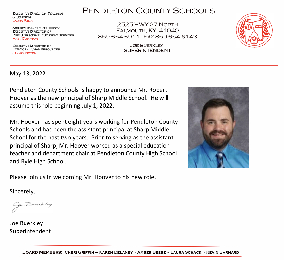 PCS welcomes Mr. Robert Hoover as new SMS principal.