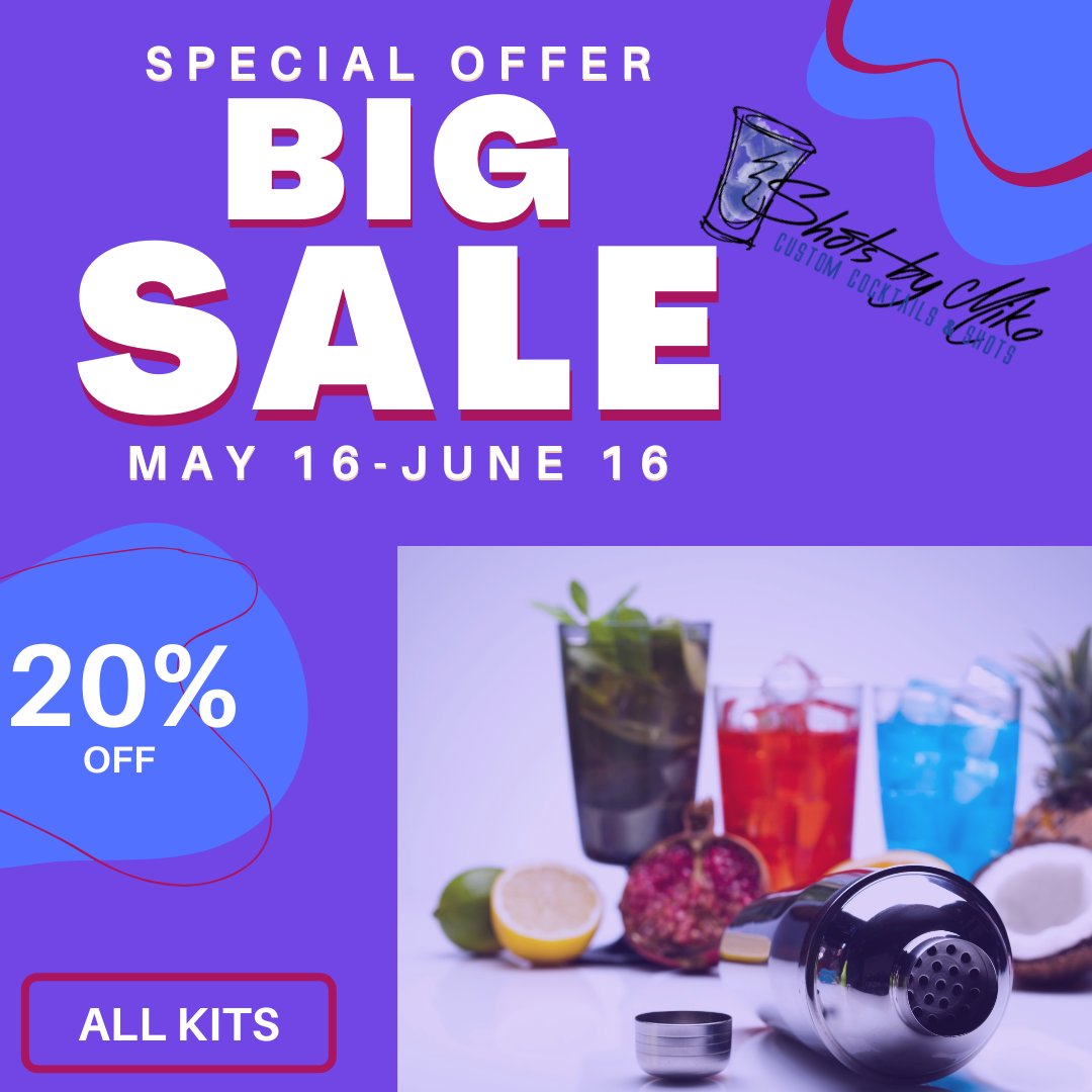 ShotsbyMiko's tweet photo. If you wanted to try one or more of our #Custom #Cocktail Kits, we have news!

All of our kits are going on sale MONDAY MAY 16-JUNE 16! This includes our #HomeCocktailsKits made for sharing &amp; our #SbMCocktailKits made for individual creating.

https://t.co/ce7fzbncuk https://t.co/dMu1lx8nNg