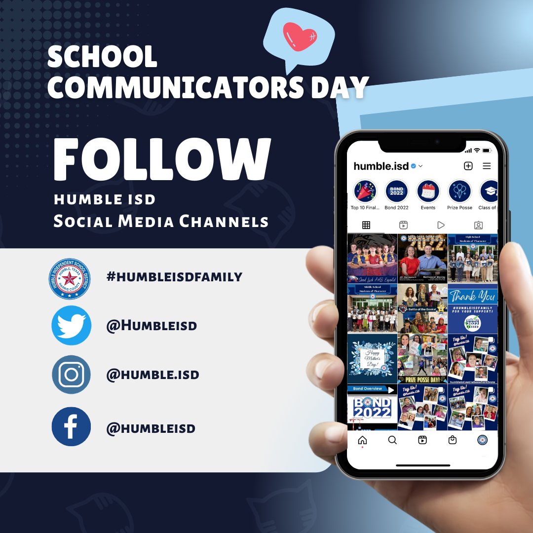 It's #SchoolCommunicatorsDay so be sure to follow #HumbleISD on our social channels and help us tell all the GREAT stories of the #HumbleISDFamily! 🥰