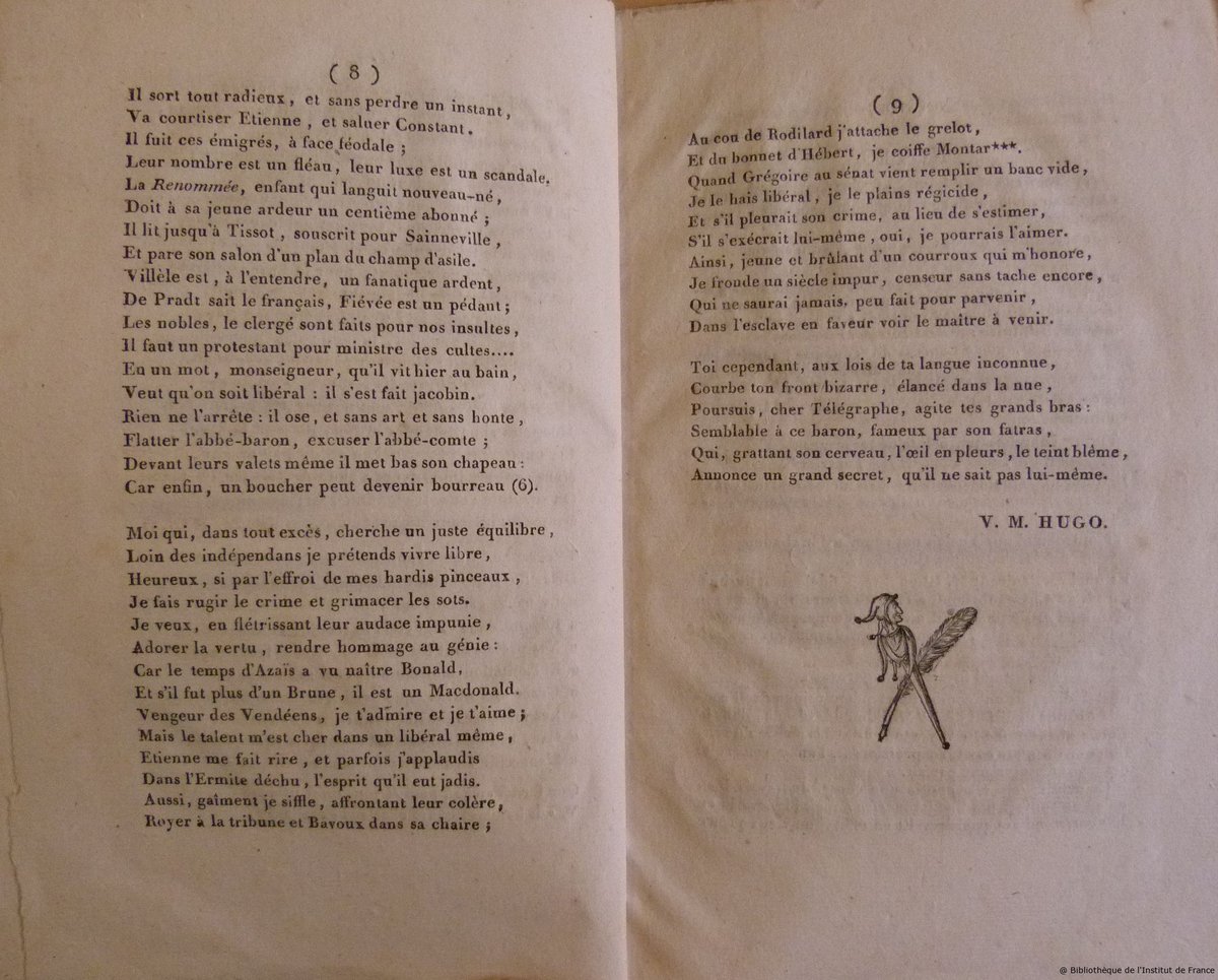 [Collections]
Le fonds Lovenjoul recèle cette édition originale de la 2e plaquette publiée par V. Hugo à 17 ans (1819).Dans cette satire contre les détracteurs de son ode "Les Destins de la Vendée" parue la même année, le jeune Hugo s’y moque des débats politiques sourds et vains