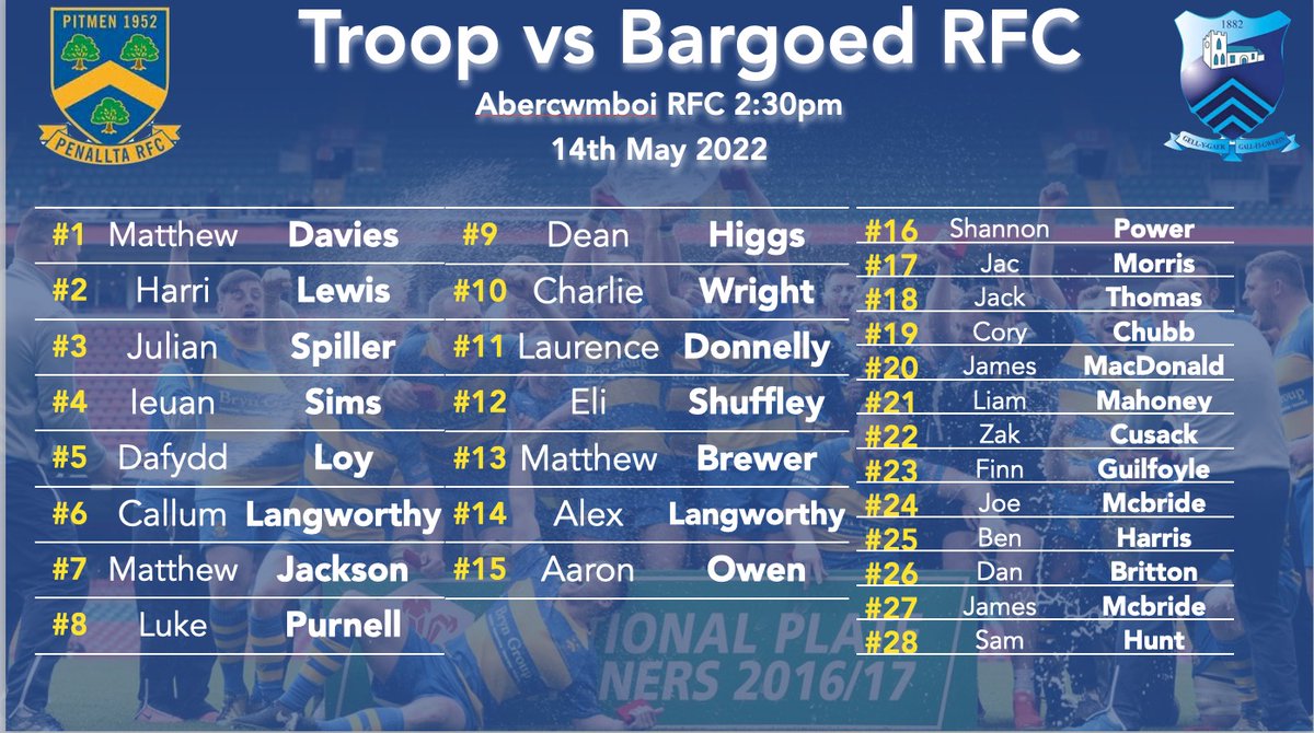 Your Penallta F-Troop side to face <a href="/bargoedwarriors/">Bargoed Warriors</a> tomorrow in the Ivor Williams Cup final <a href="/AbercwmboiRFC/">Abercwmboi RFC</a> 🔵🟡🔵🟡🔵

Notice for supporters :- buses leave at 1.30pm. 

Please come along and support the boys !